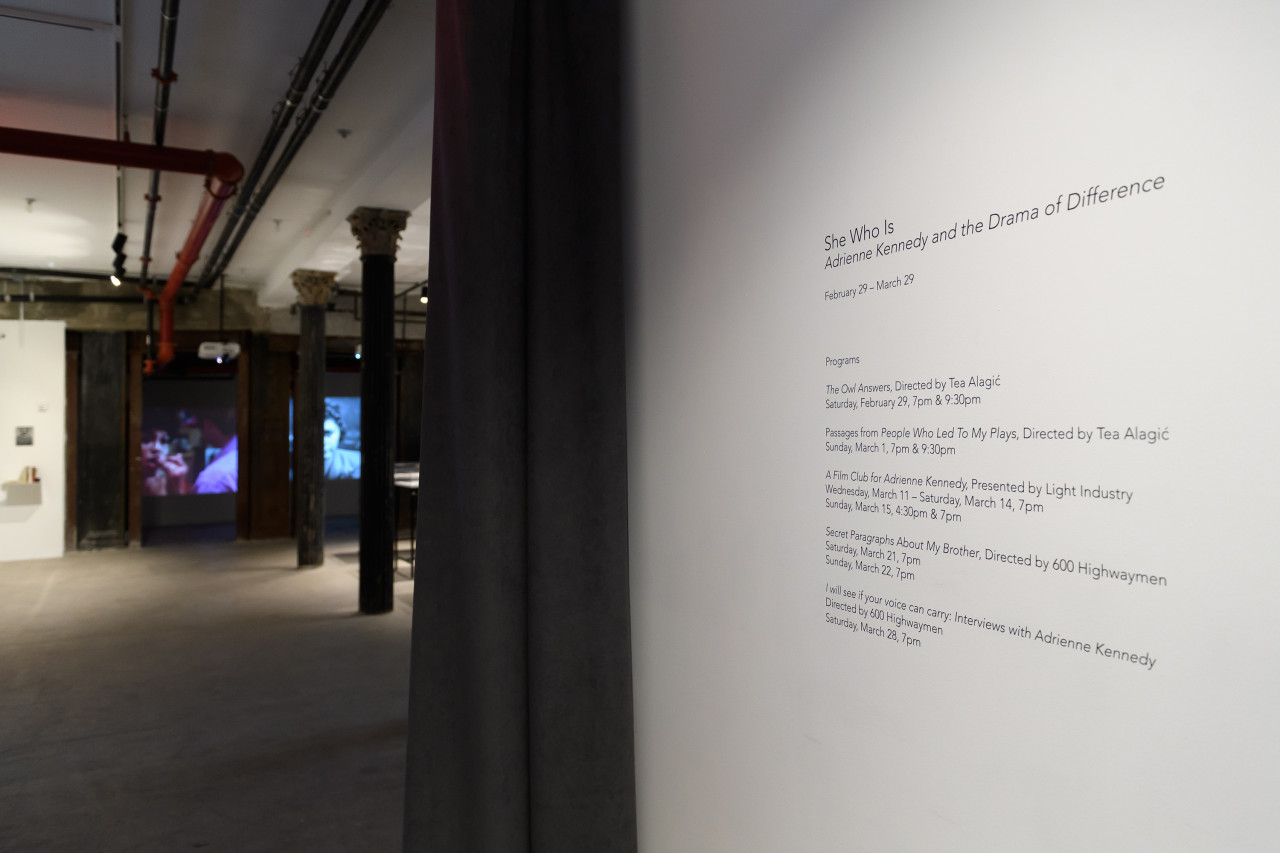 A close up image of vinyl text installed on a gallery wall. The header of the text reads, "She Who Is / Adrienne Kennedy and the Drama of Difference." Past this gallery wall, a large exhibition space is visible. Several old Hollywood films are projected on the space