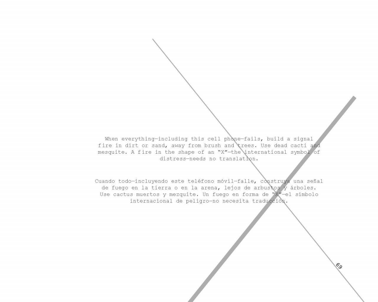 The English translation of the poem “When everything—including this cell phone—fails…/Cuando todo—incluyendo este teléfono móvil—faile...” appears above the Spanish translation. Two grey lines of different thicknesses cross to form an X-shape on the right of the page.