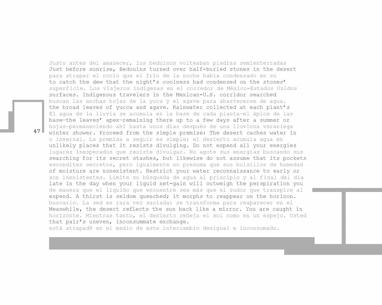 Spanish and English translations of the poem “Justo antes del amanecer.../Just before sunrise...” are written in alternating lines in grey and black on a white background.