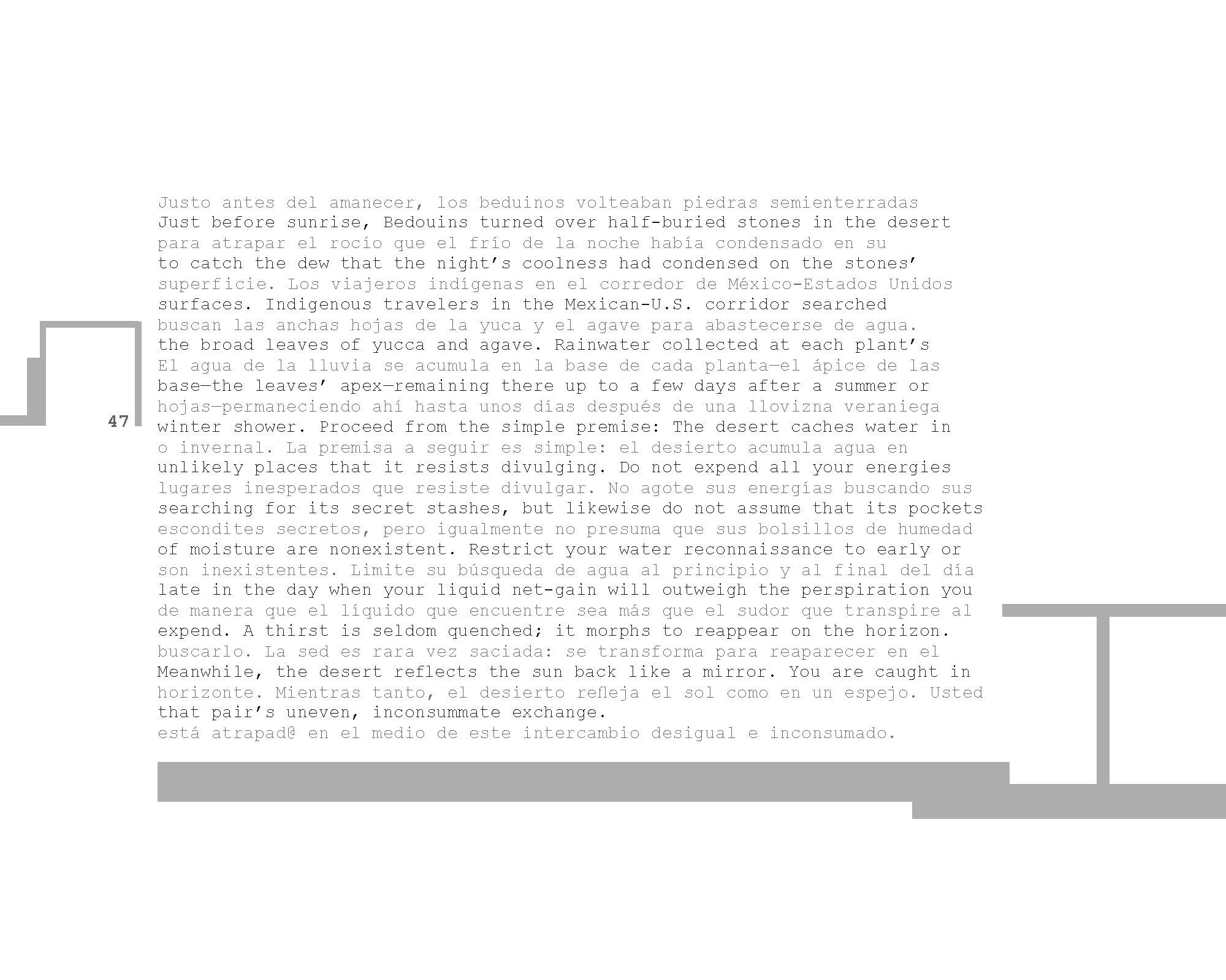 Spanish and English translations of the poem “Justo antes del amanecer.../Just before sunrise...” are written in alternating lines in grey and black on a white background.