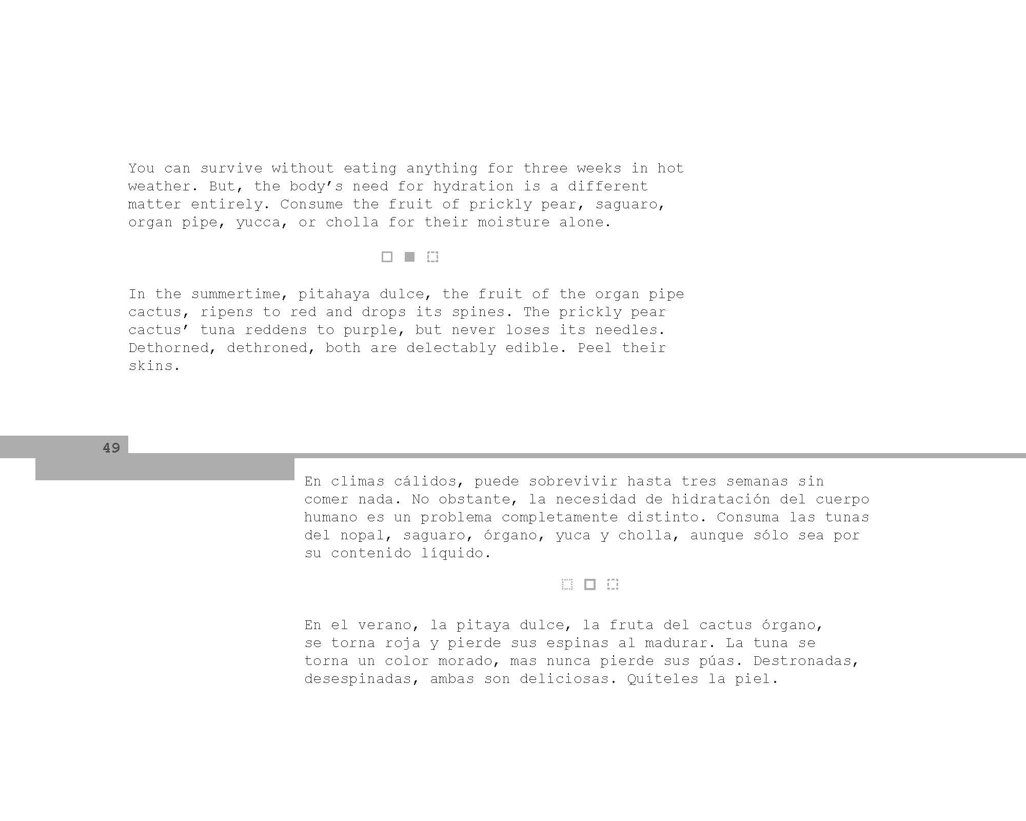 English version of the poem “You can survive without eating anything for three weeks in hot weather…/En climas cálidos, puede sobrevivir hasta tres semanas sin comer nada...” is written in the top-left portion of the page while the Spanish version is written in the lower-right. A grey line of varying widths divides the two languages.