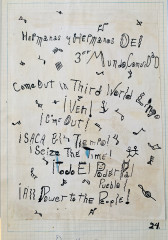Characteristic, expressive handwriting on a page spells out phrases such as “All Power to the People!” and ”Seize the Time!” in both English and Spanish.