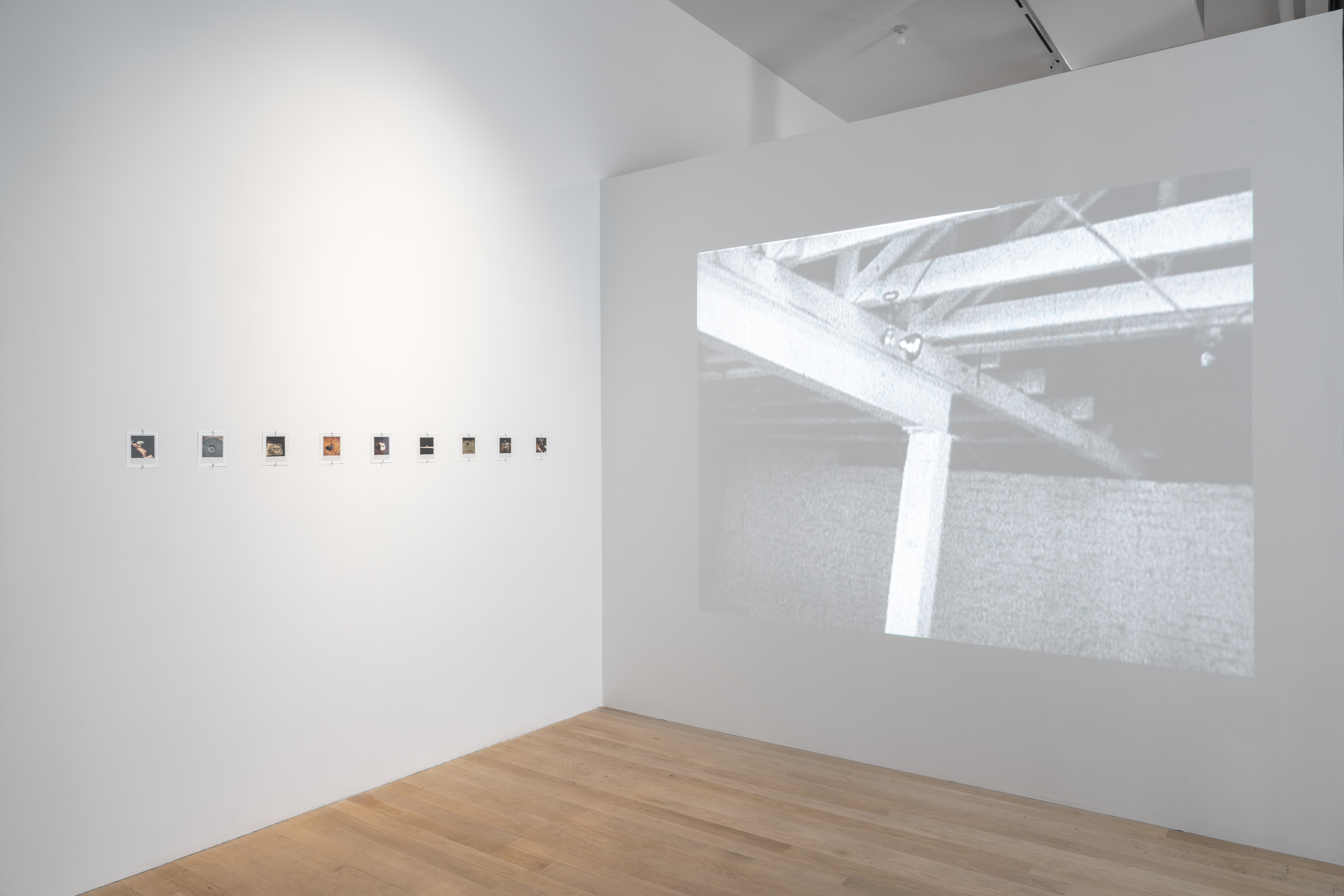 A color image of the corner of a gallery space. On the left wall there is a line of nine polaroid photographs, evenly spaced and hung about five feet from the light wooden floor. The right wall features a frame from a video being played from a projector. The black and white film frame shows the interior of an industrial space, the exposed ceiling rafters and brick wall. 