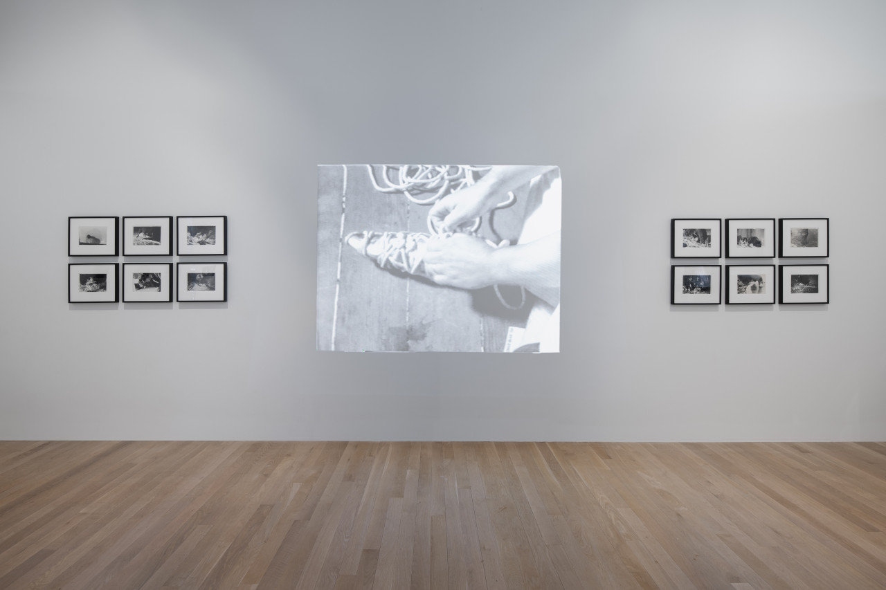 A color image of the white wall of the gallery space. In the center, a projected image of two hands tying rope around the body of a fish. The black and white projected image is flanked by two sets of six black and white framed photographs. Each frame is black, with three on the top and three on the bottom.