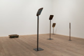 A color image of a gallery space. Three shovels placed upright on pedestals are placed on the floor. To the left, a raditator on its side, partially covered in snake skin, lies on the floor. To the right of the shovels, a wooden divining rod attached to a pedestal sits upright on the floor.