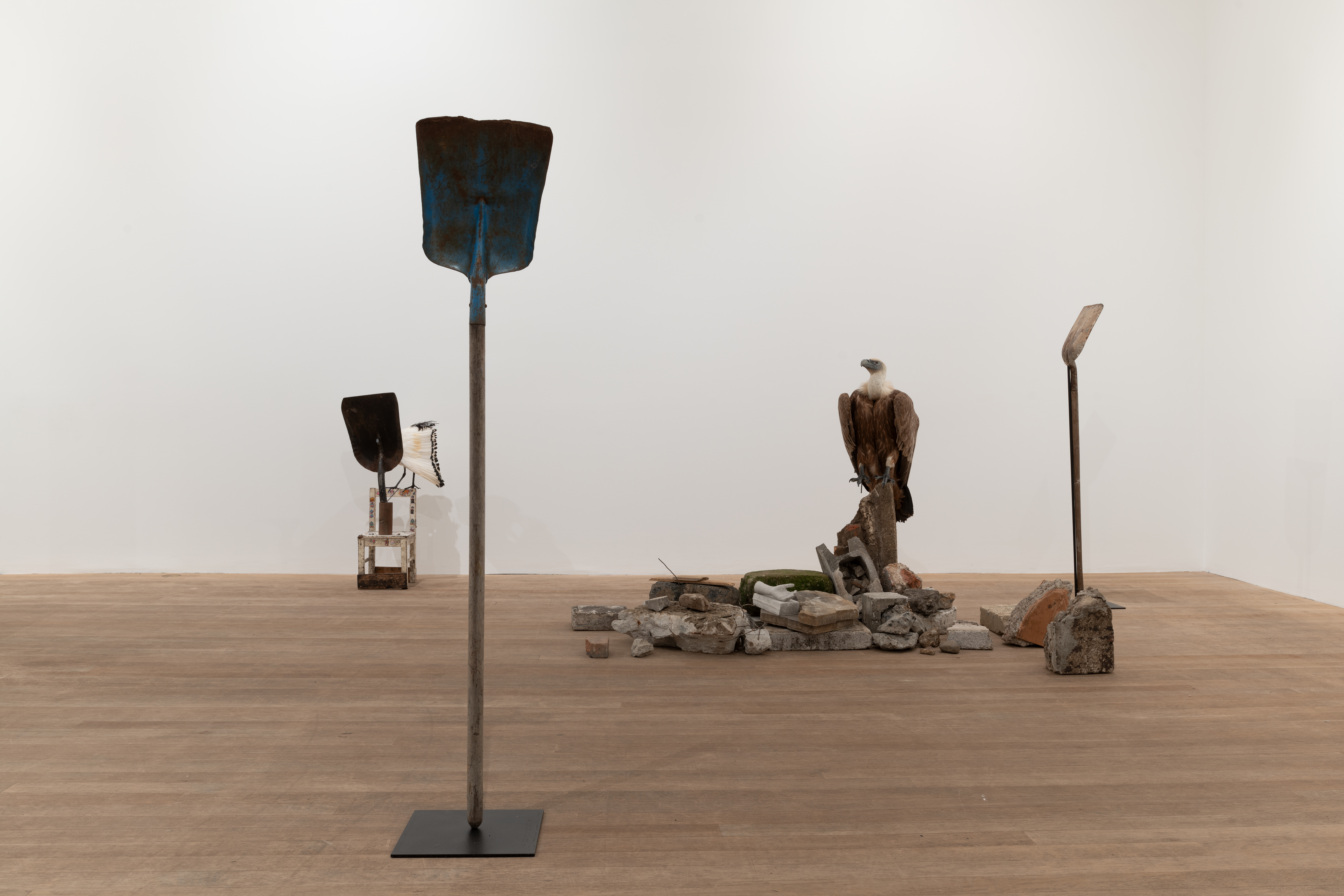 A color image of a gallery space. In the foreground, a shovel sits upright on a pedestal. In the midground, a taxidermied griffon vulture is perched on top of concrete rubble. Next to the griffon vulture, another shovel sits upright on a pedestal. To the left side of the image, a shovel attached to a small child's chair is placed up against the back wall.