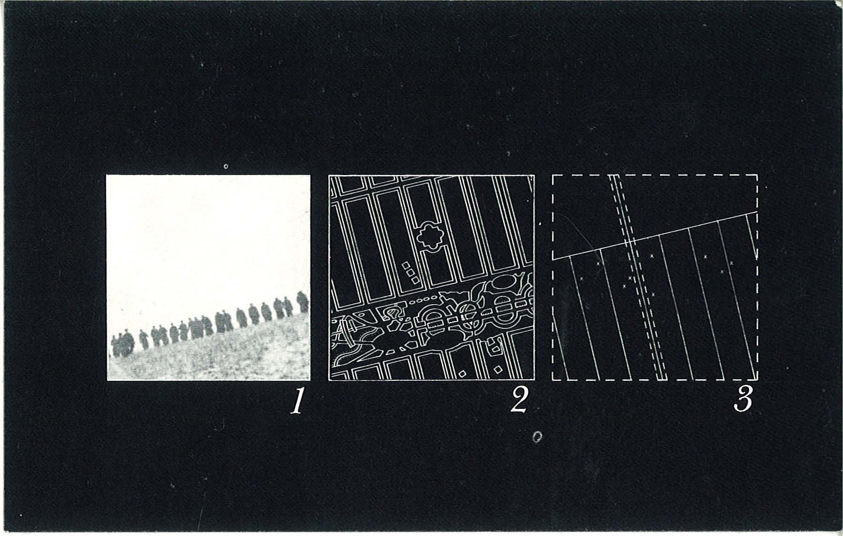 Three numbered boxes are lined up in a row against a solid black background. The box on the left is a black-and-white photograph of people standing in a line on a hill. The middle box and the rightmost box are line drawings in white.
