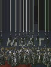 Long metal poles extend downward with several meathooks attached to their bottom ends. Behind the poles is a brick wall painted blue. Capital white letters painted across the wall read, 