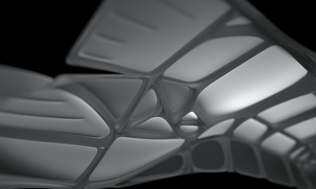 Detail view of a greyscale sculpture made of varying polymer segments.