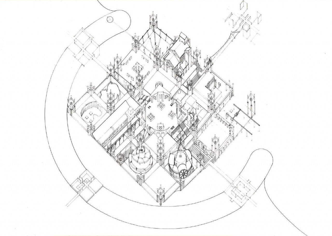 Drawing of large square architectural development with half circle surrouding it and a small development above it to the right.
