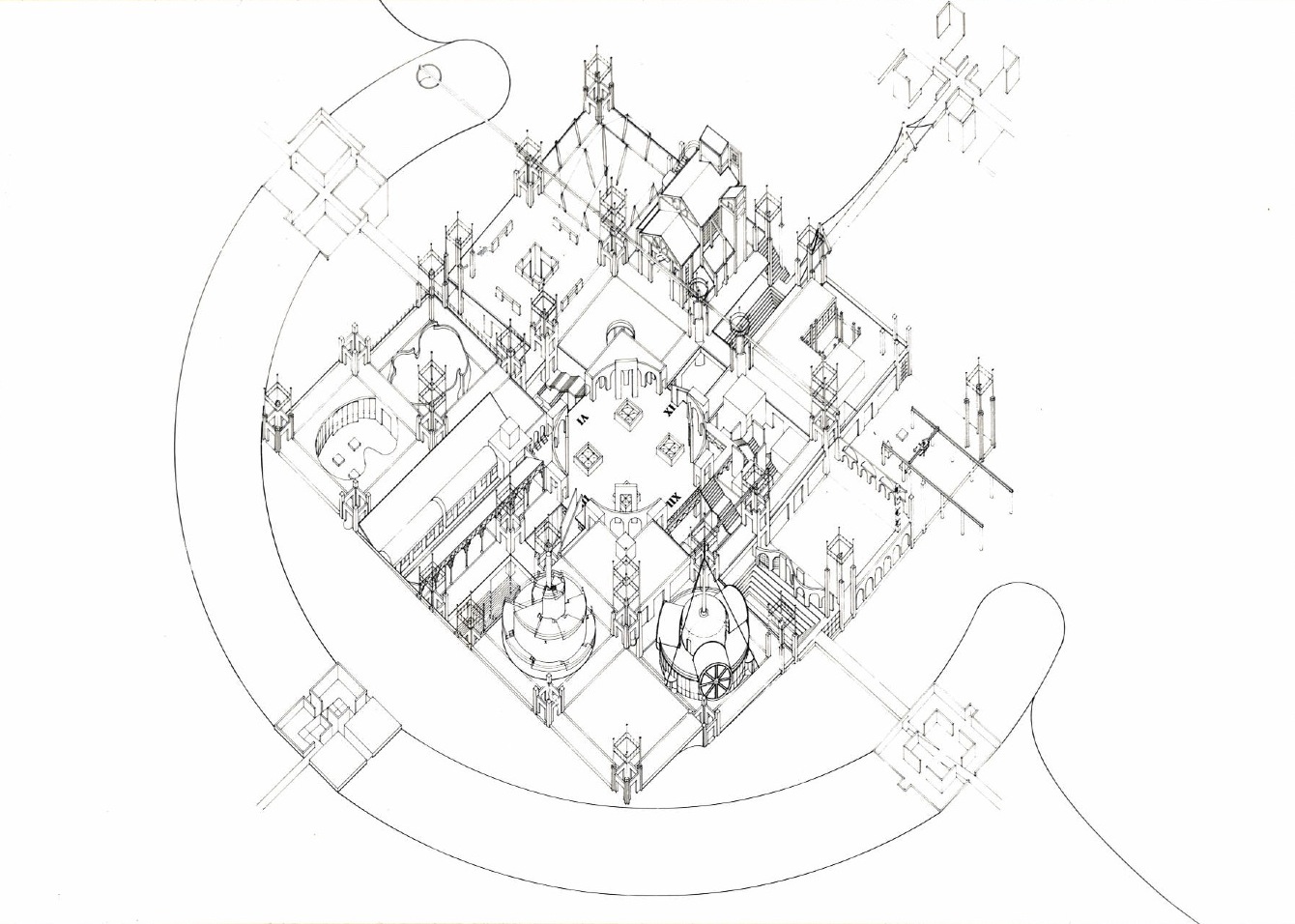 Drawing of large square architectural development with half circle surrouding it and a small development above it to the right.