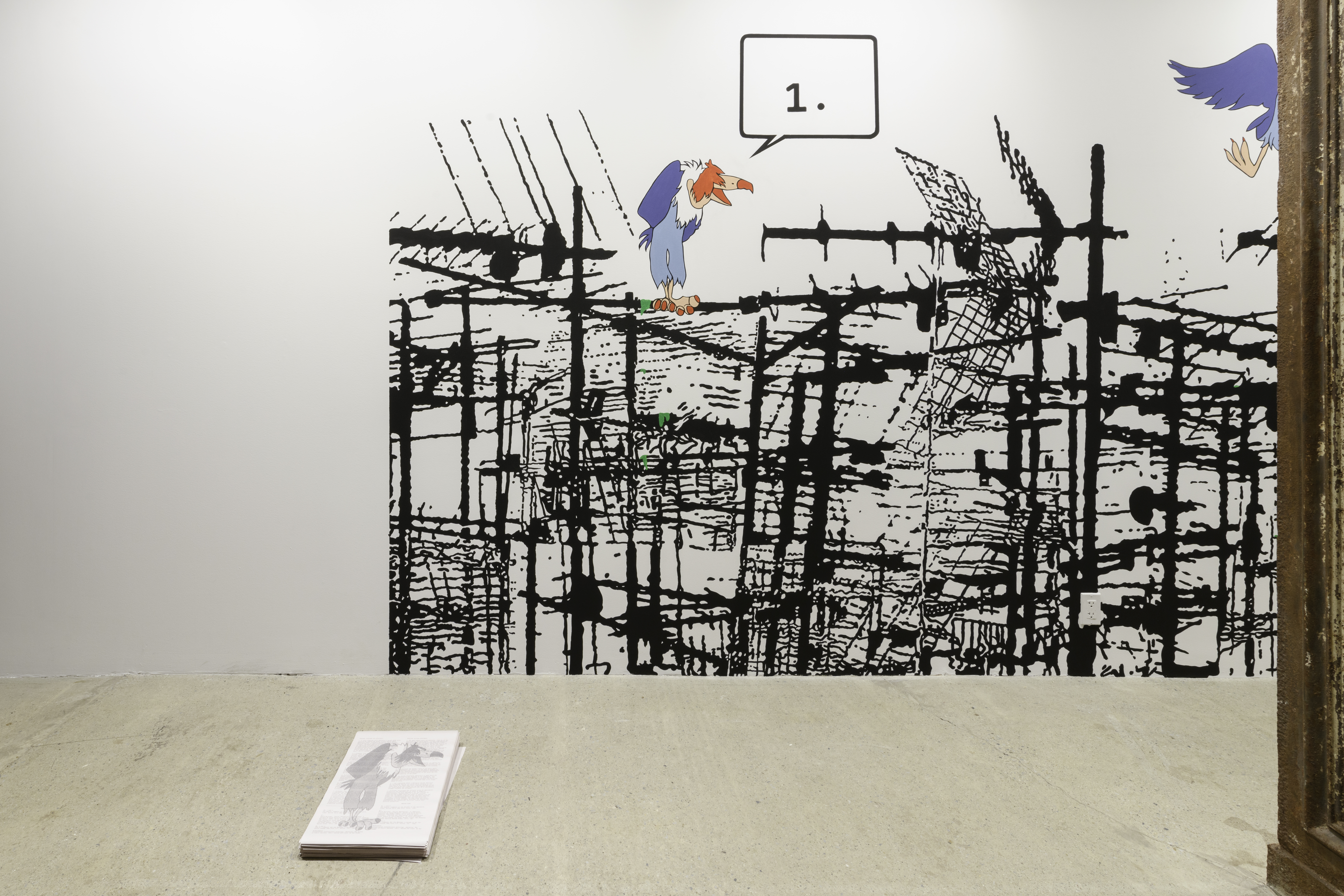 A close up of a mural displaying cartoon vultures resting on black scaffolding. Underneath the mural sits a pile of newsprint flyers.