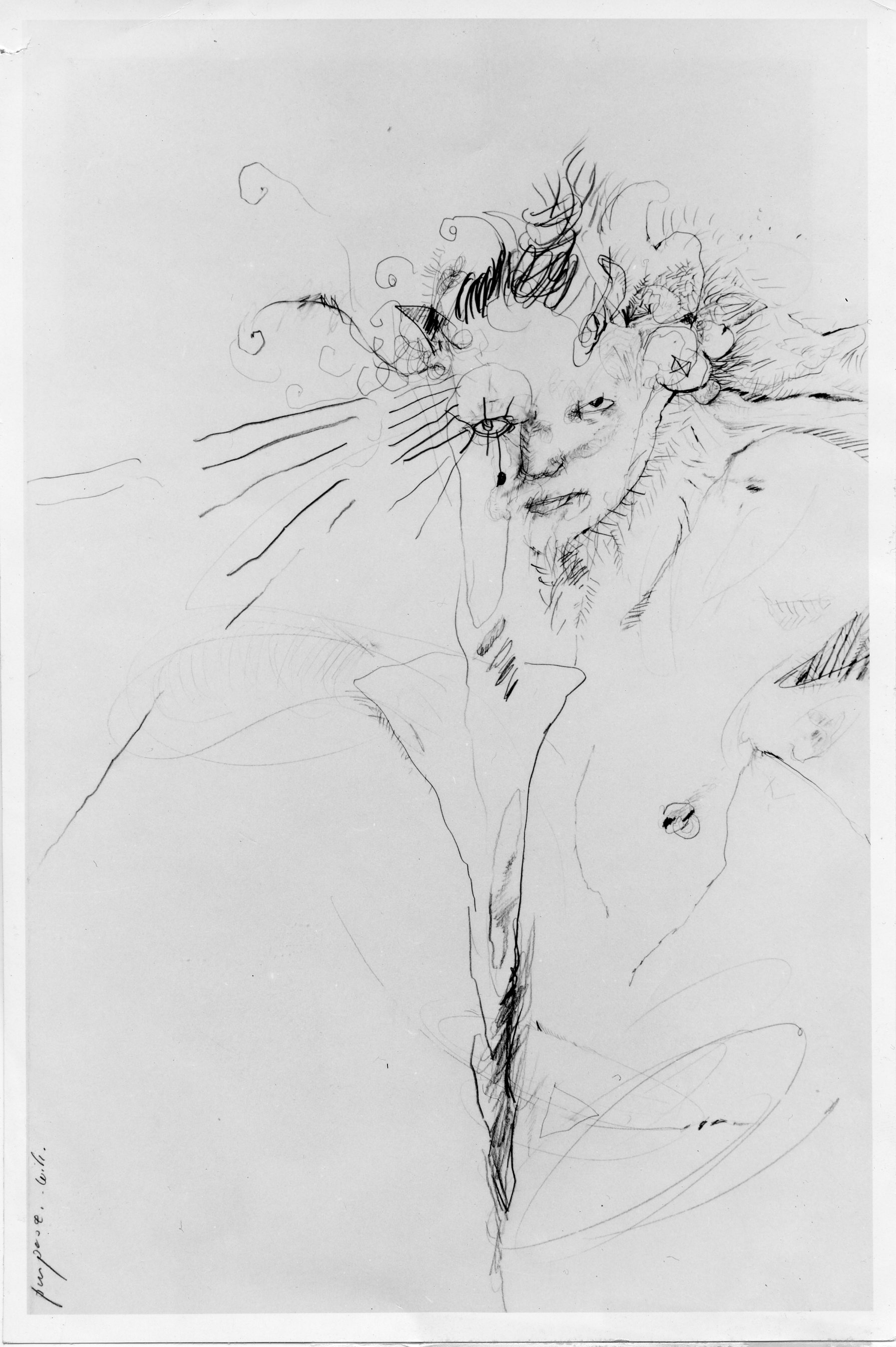 A drawing of a figure on white paper. The figure has horns and lines emenate from its eye.