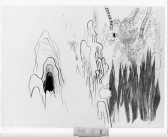 A drawing depicting the entrance to a cave from the outside as well as the inside of a subterranean cave filled with stalagmites.