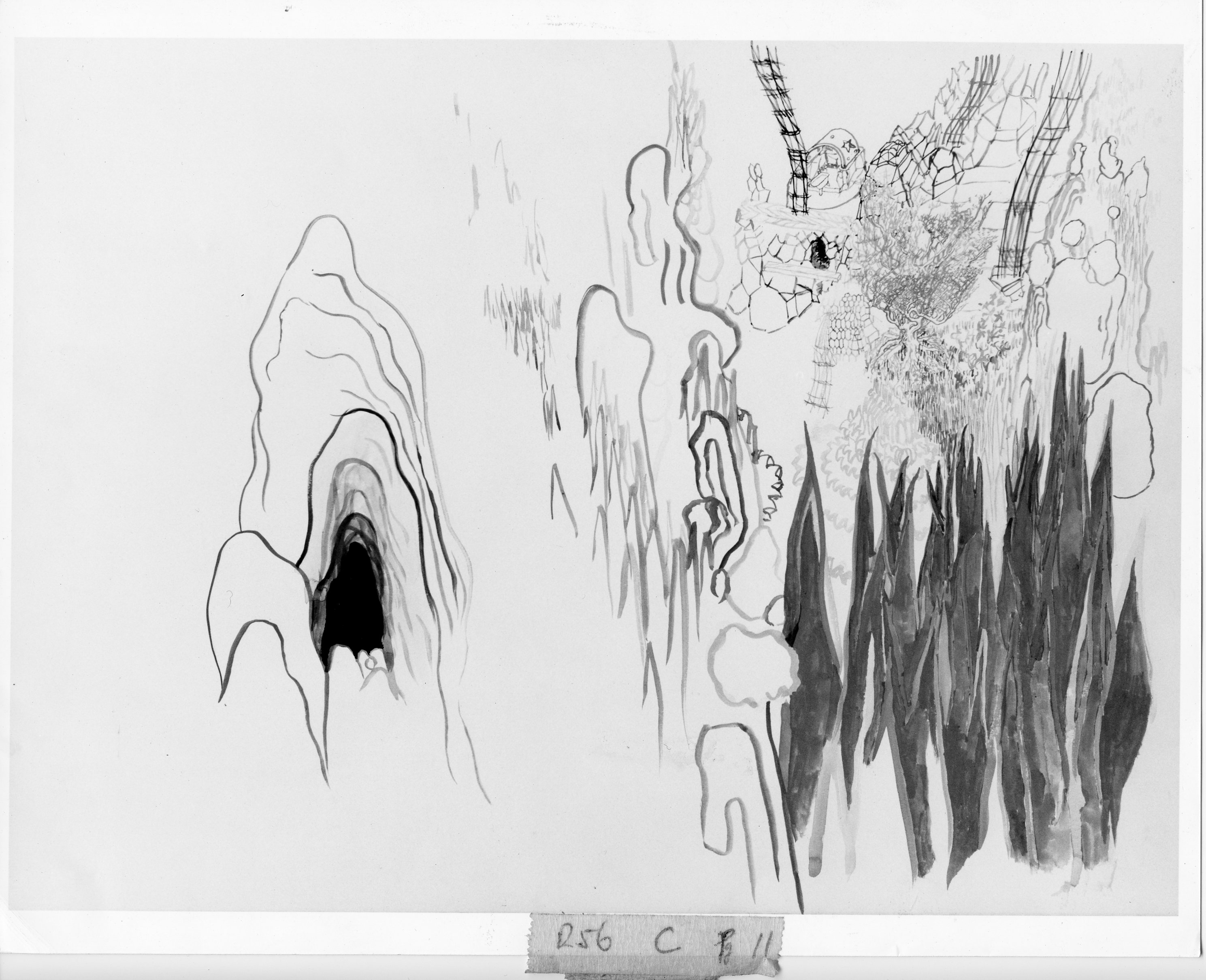 A drawing depicting the entrance to a cave from the outside as well as the inside of a subterranean cave filled with stalagmites.