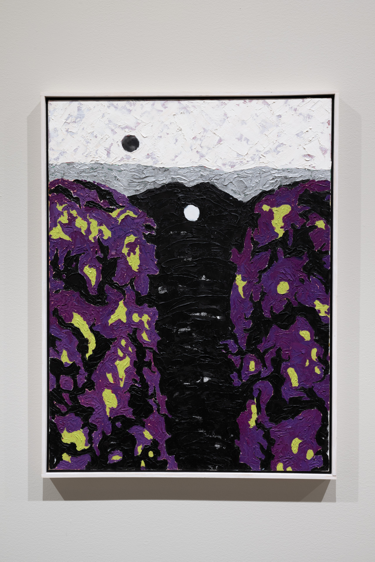 Color image of an abstract oil painting. Along the edges of the composition are large patches of purple, with green and black patterns running through it. Along the top edge is a white background, with a small black dot on one side. Below that running through the middle is a thickly applied area of black paint, with a small white dot in the center of the top.