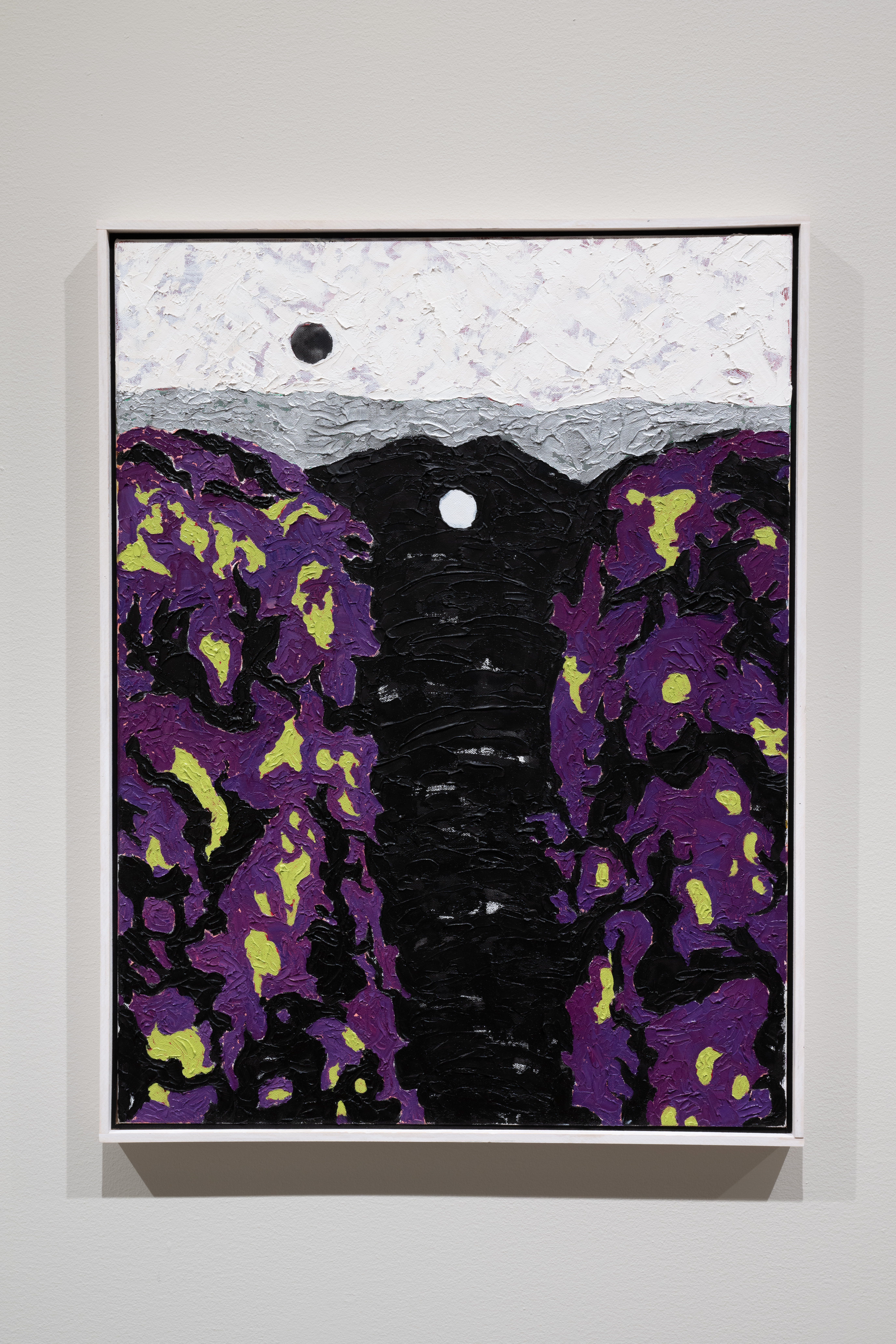 Color image of an abstract oil painting. Along the edges of the composition are large patches of purple, with green and black patterns running through it. Along the top edge is a white background, with a small black dot on one side. Below that running through the middle is a thickly applied area of black paint, with a small white dot in the center of the top.