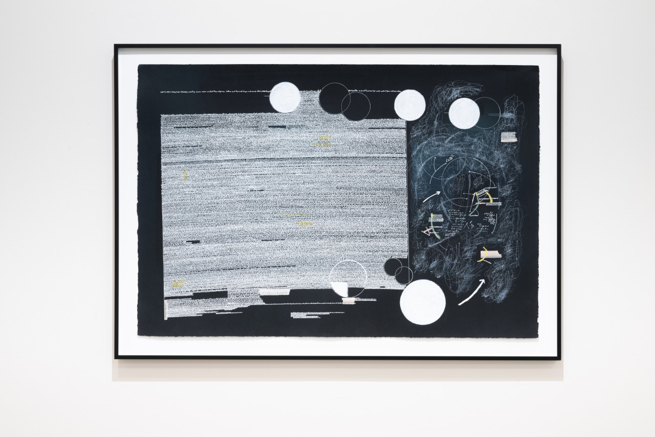 Color image of an abstract drawing consisting of horizontal white lines scratched across black paper with circles interspersed throughout the composition. On the right side of the drawing are arrows, and blurred, scribbled lines and illegible text. Yellow marks accentuate different parts of the composition.