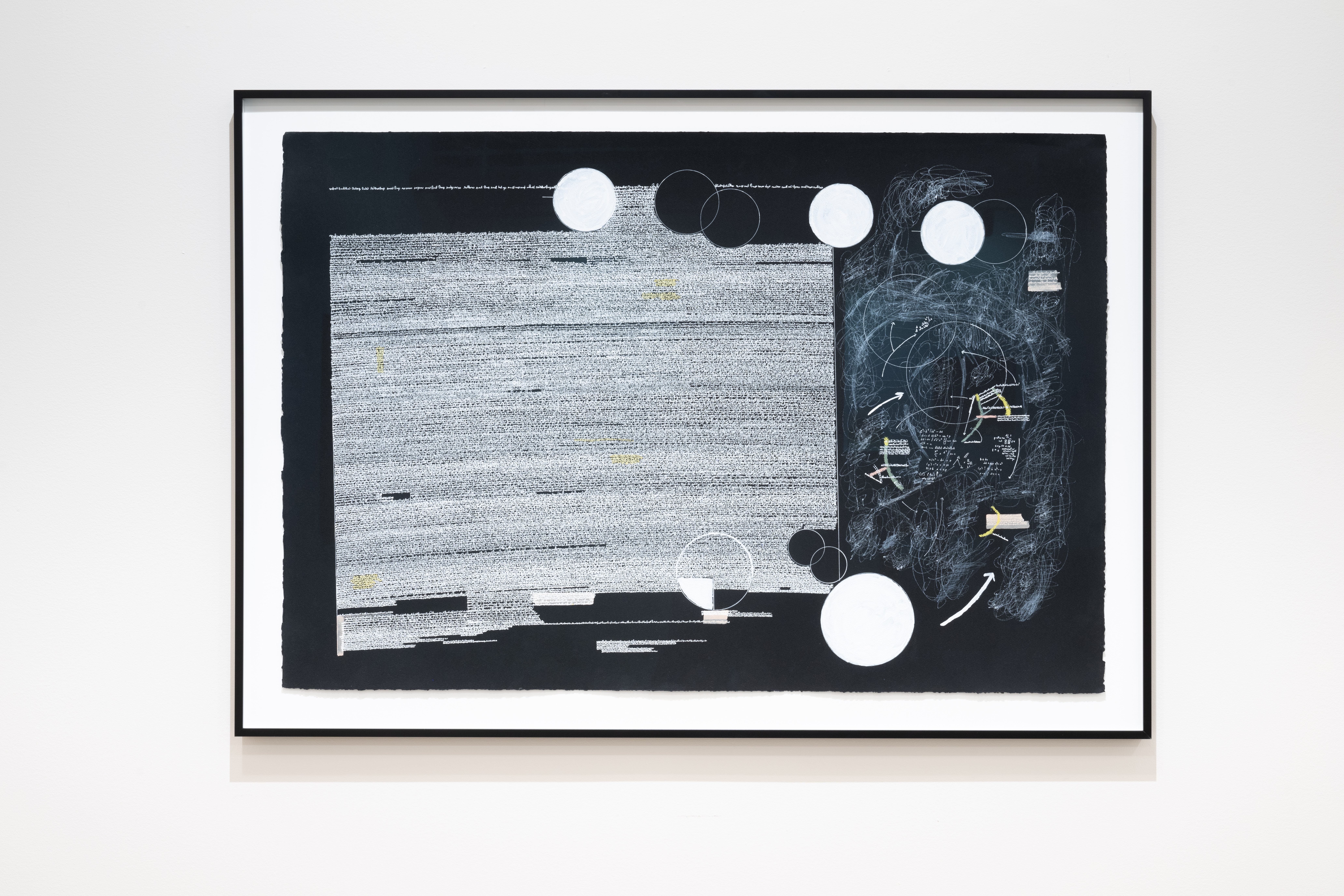 Color image of an abstract drawing consisting of horizontal white lines scratched across black paper with circles interspersed throughout the composition. On the right side of the drawing are arrows, and blurred, scribbled lines and illegible text. Yellow marks accentuate different parts of the composition.