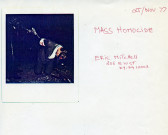 A polaroid photo depicts a figure pointing a gun at another figure, who is kneeling on the ground with their head down. On the right, handwritten in red ink are the words 