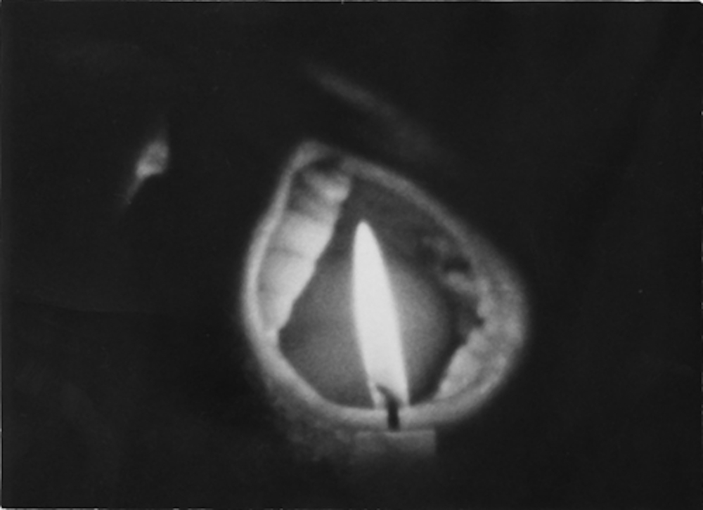 Black and white image of an open mouth, only partially visible in the darkness. A candle hovers in front, illuminating the figure