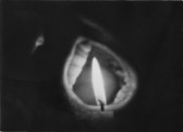 Black and white image of an open mouth, only partially visible in the darkness. A candle hovers in front, illuminating the figure's teeth, gums, and tongue.
