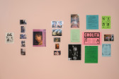 Various posters, ephemera, and other printed matter hang on a wall with a light pink background.