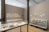 An image of three seperate glass display cases, with various ephemera hanging on the walls behind them.