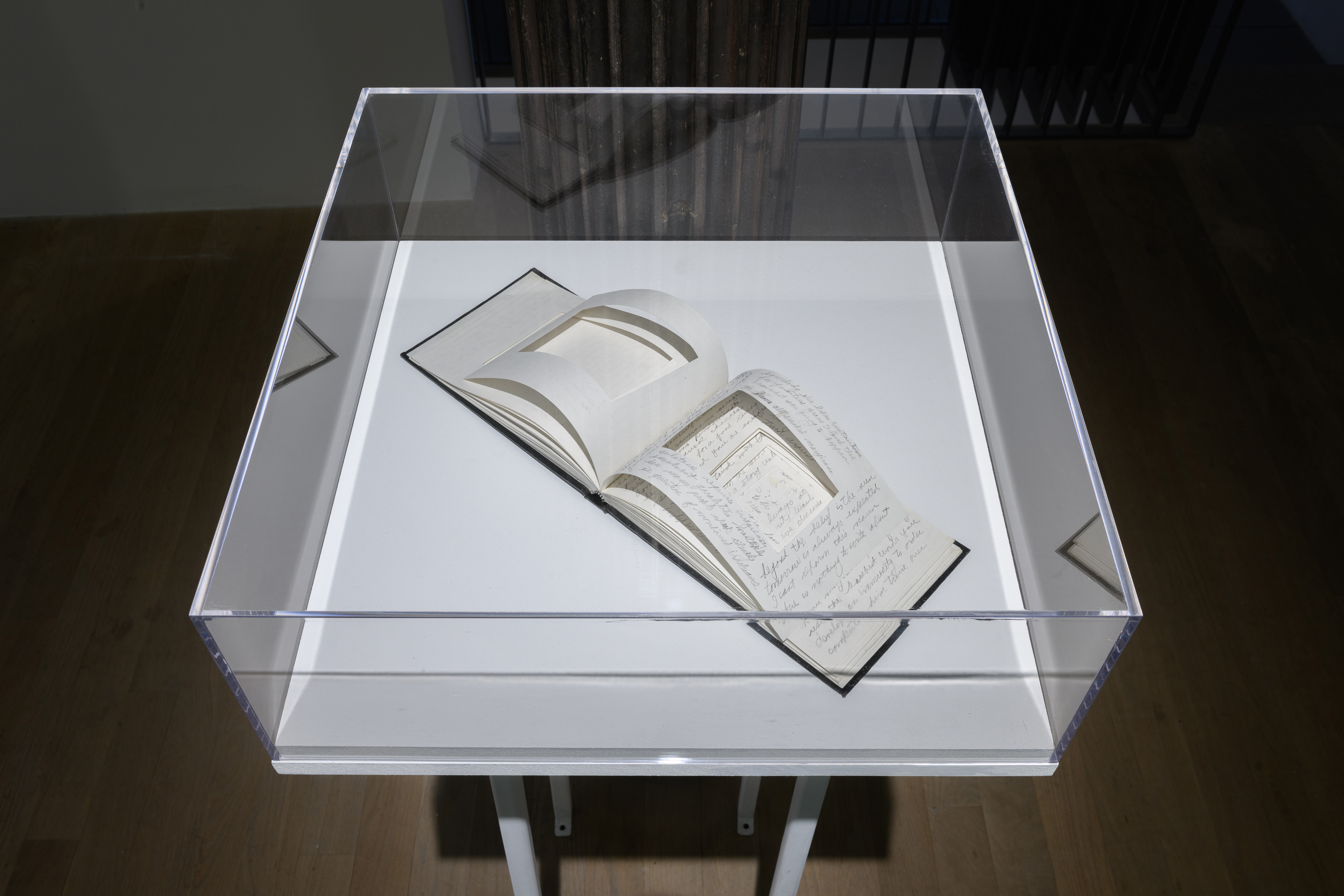 An image of a brightly photographed display case with a book which has been cut into in the center.