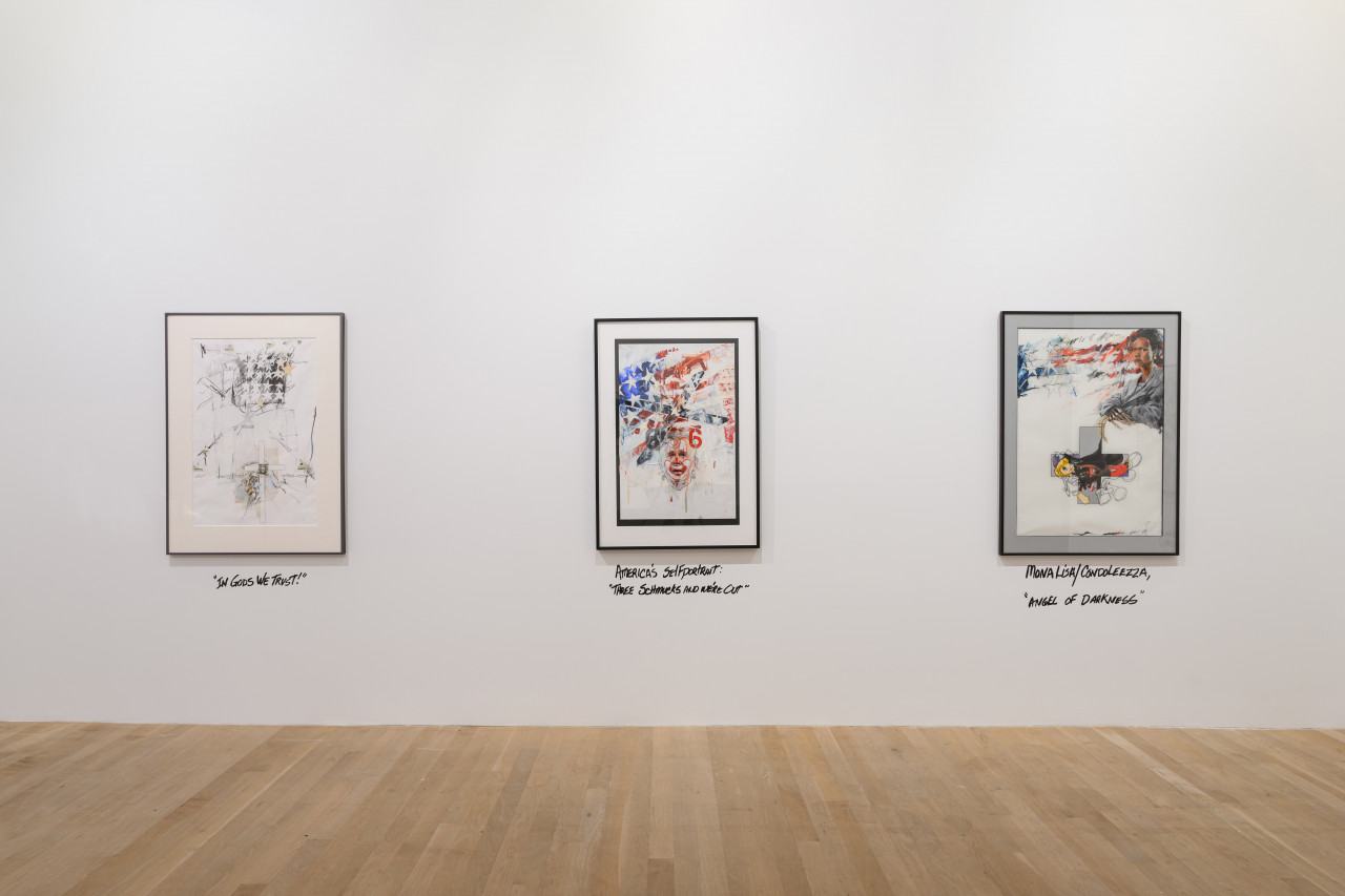 An image of three paintings hanging on a wall.