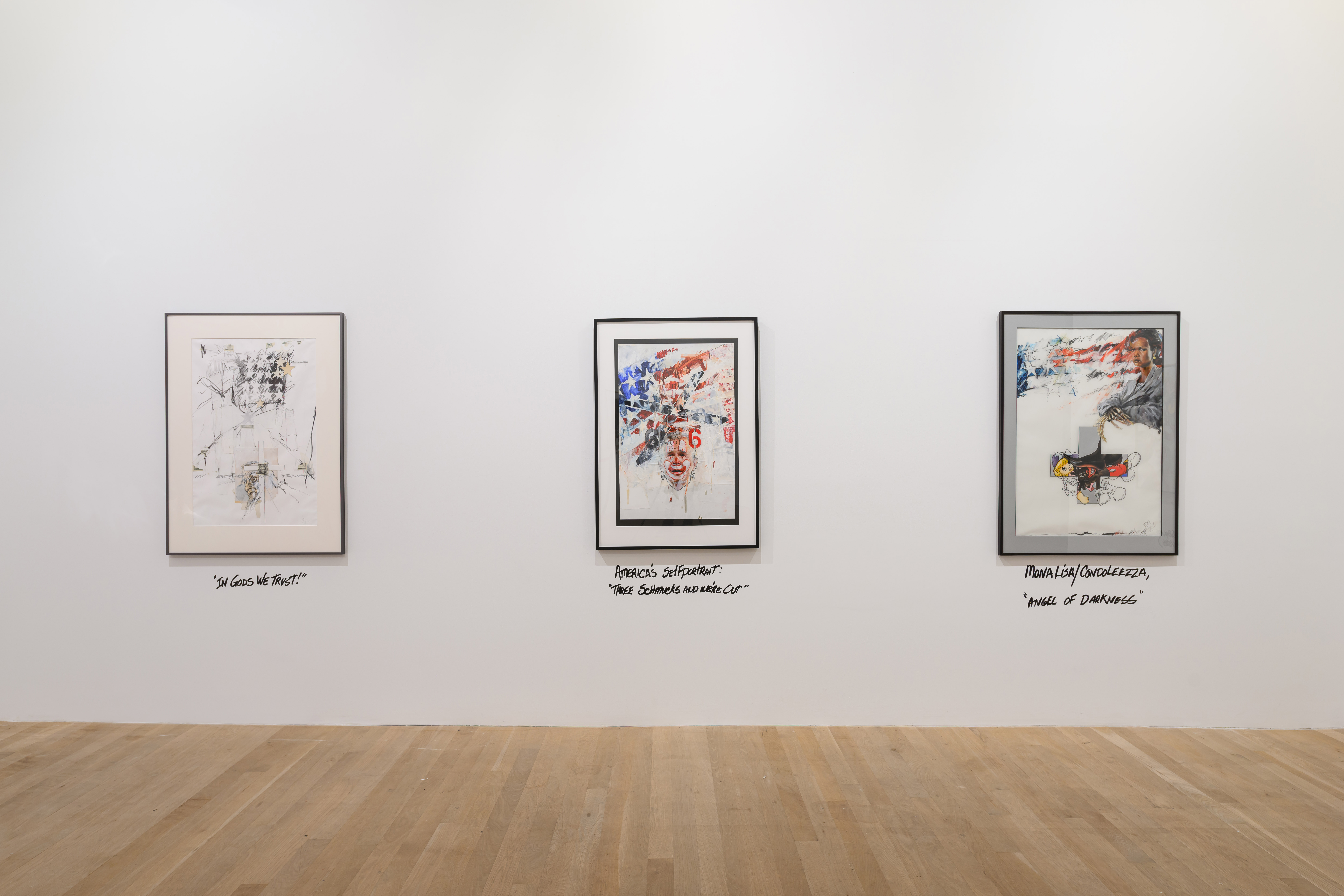 An image of three paintings hanging on a wall.