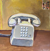 A painted image of a white push-button telephone sitting atop a brown surface with a yellow wall behind it. At the top right is a 10 cent postage stamp depicting a face with missing teeth and a text that says 