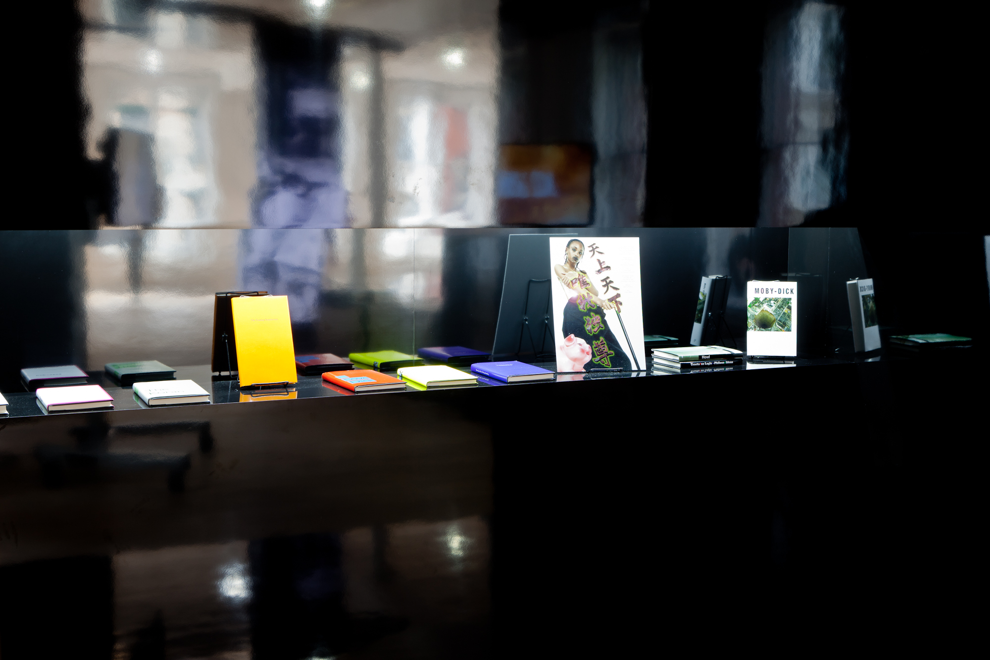 A large black display case with several books arranged in a small viewing window. One book is titled *MOBY-DICK*, while another displays japanese text and a woman on its cover.
