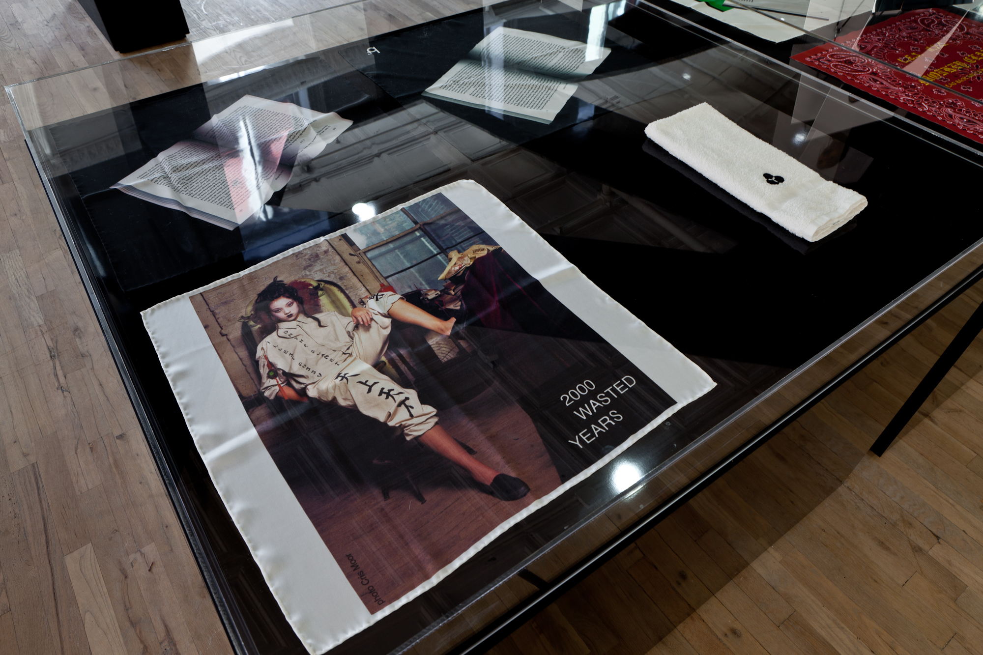 Detail view of a black display case depicting an image of woman printed on a white cloth, with the title *2000 WASTED YEARS*. She is sitting down in an antique chair, one foot up, wearing a full-body black-and-white suit adorned with black English and Japanese lettering.