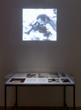 An image of a projection in a dark room above a glass display case holding ephemera.
