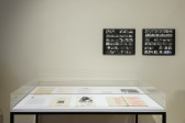 Along the wall is a glass display case holding ephemera, hanging above are two black and white contact sheets.