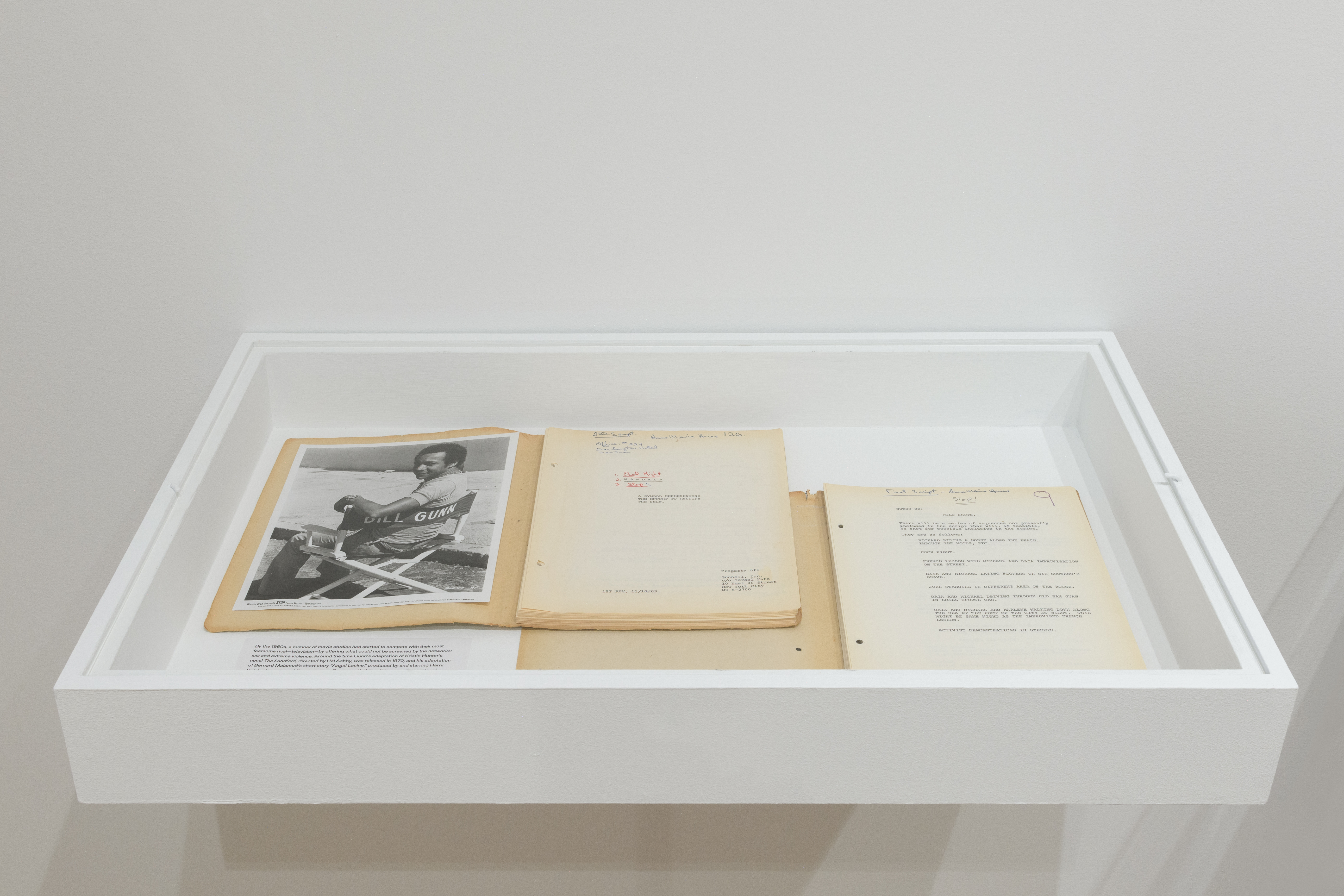 A floating glass display case holding a black and white image, and multiple booklets of text.