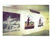 Three figurative paintings hanging on walls in a gallery space.
