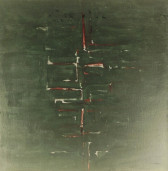 Abstract painting with green filling most of the space with red lines emerging from the center outward.