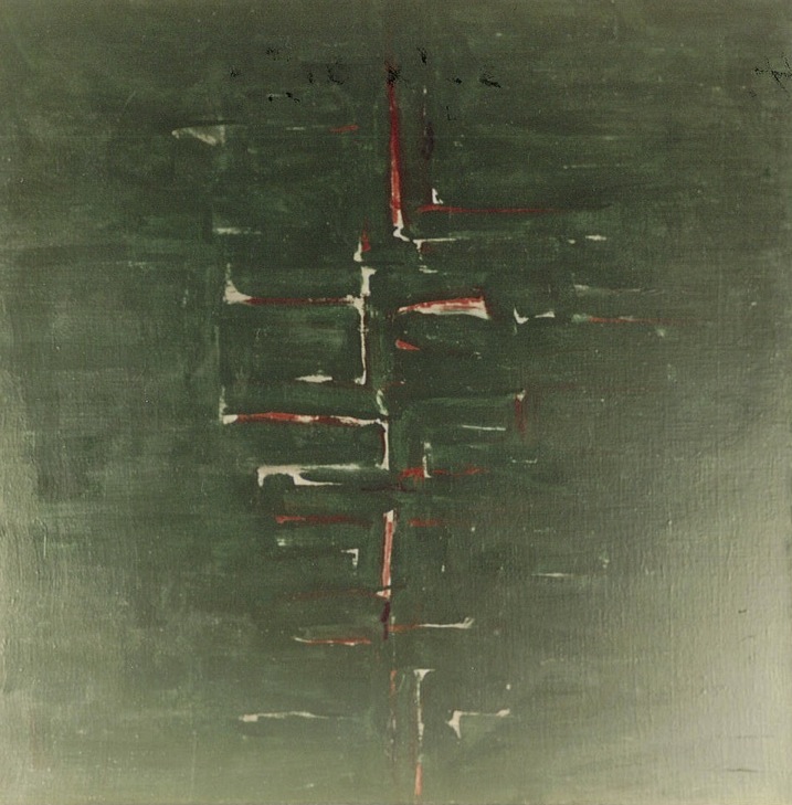 Abstract painting with green filling most of the space with red lines emerging from the center outward.