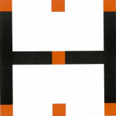 Abstract painting with orange squares and black lines around the side and center with white filling most of the central area.