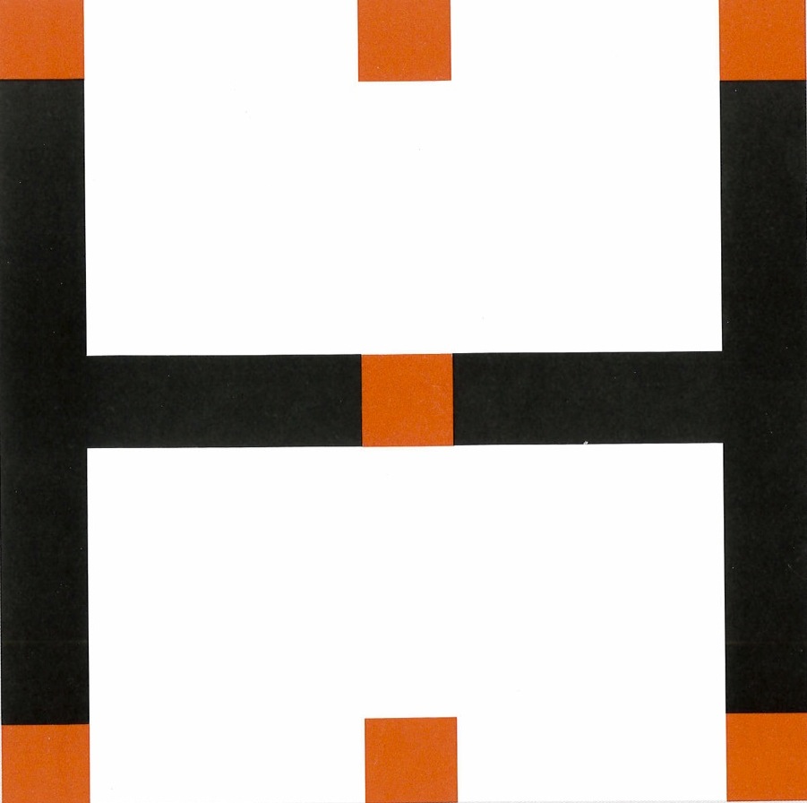Abstract painting with orange squares and black lines around the side and center with white filling most of the central area.