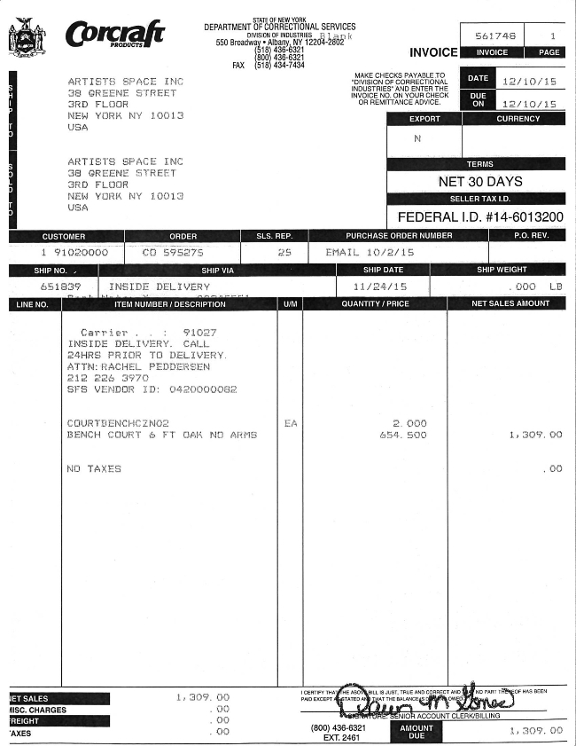 A black and white scan of an invoice from Corcraft Products issued to Artists Space at 38 Greene Street. The customer number reads 