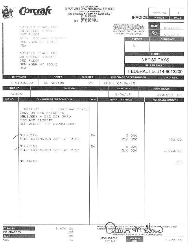 A black and white scan of an invoice from Corcraft Products issued to Artists Space at 38 Greene Street. The customer number reads 