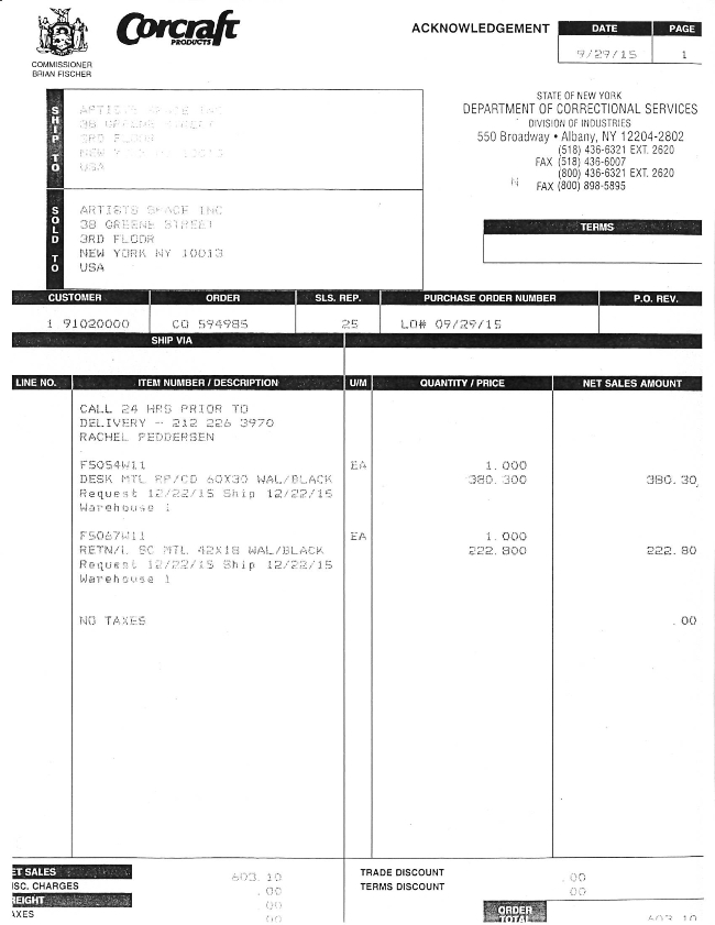 A black and white scan of an invoice from Corcraft Products issued to Artists Space at 38 Greene Street. The customer number reads 