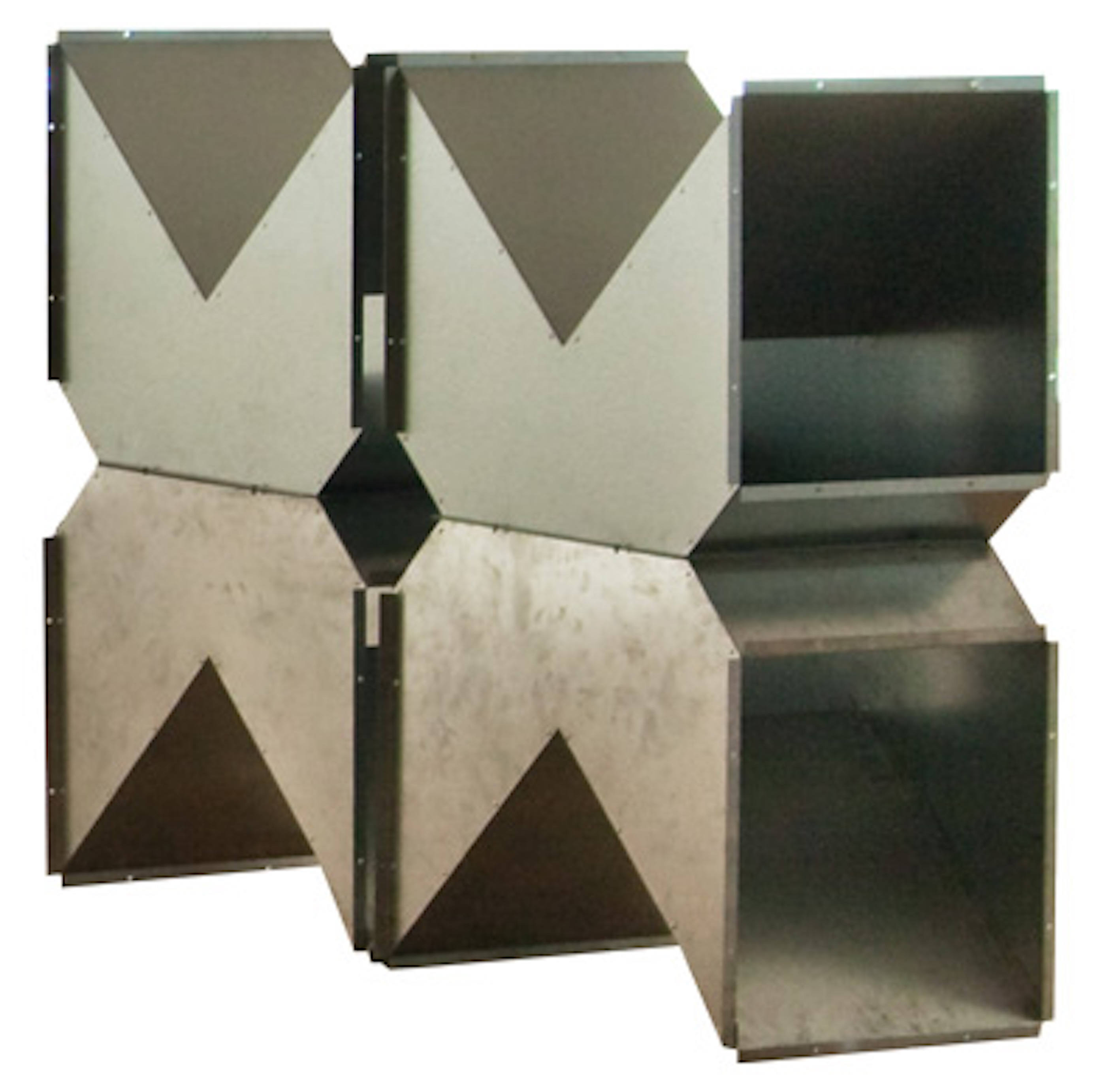 A geometric metal sculpture against a blank, white background. The sculpture is composed of four identical components, each with two triangular spikes extending upwards or downwards. Each of the components is hollow, and the interior of the sculpture can be glimpsed from its side.