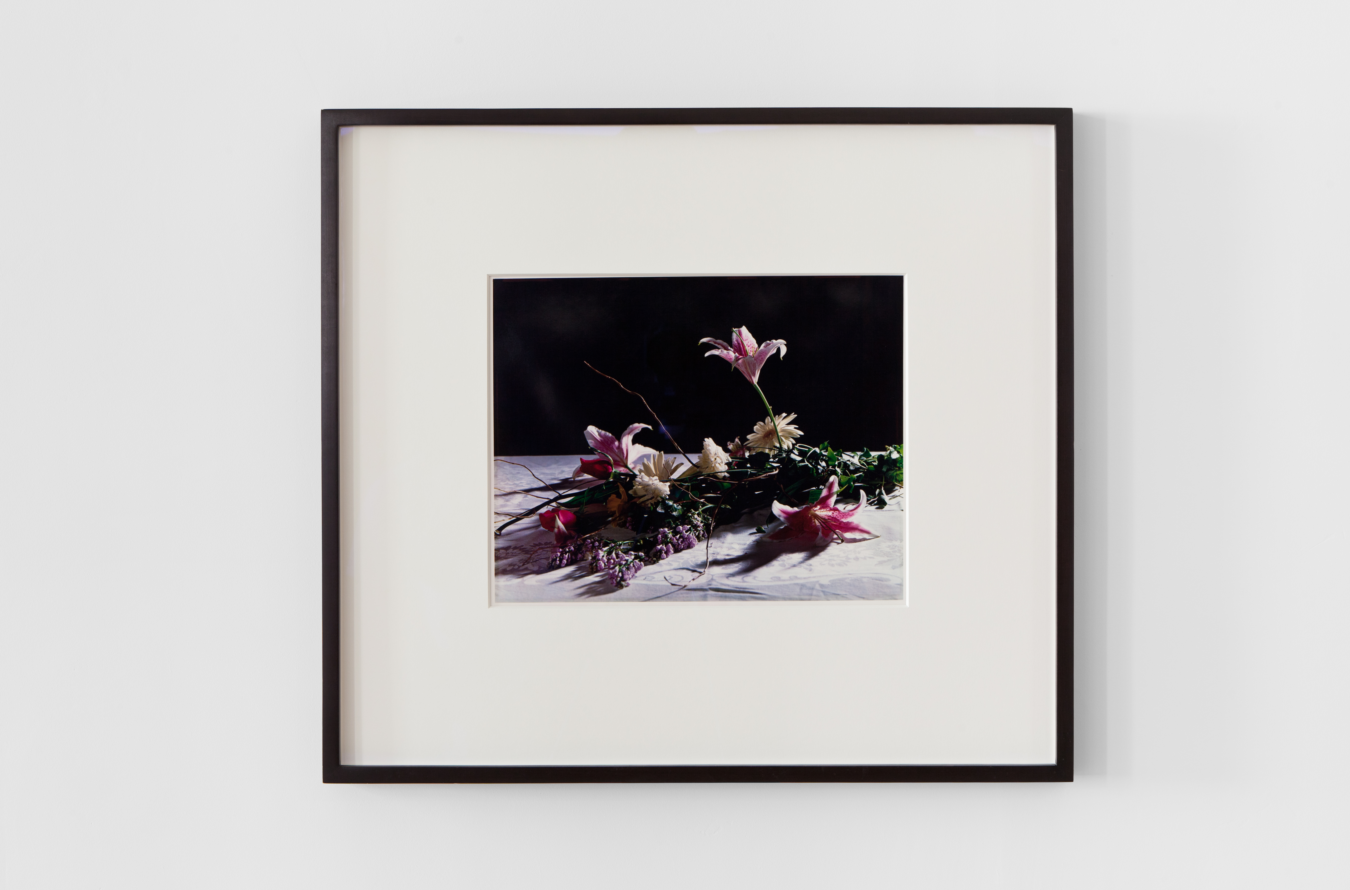 A framed photograph displayed on a white wall. The photograph shows multicolored flowers laying on a white surface with a black background.
