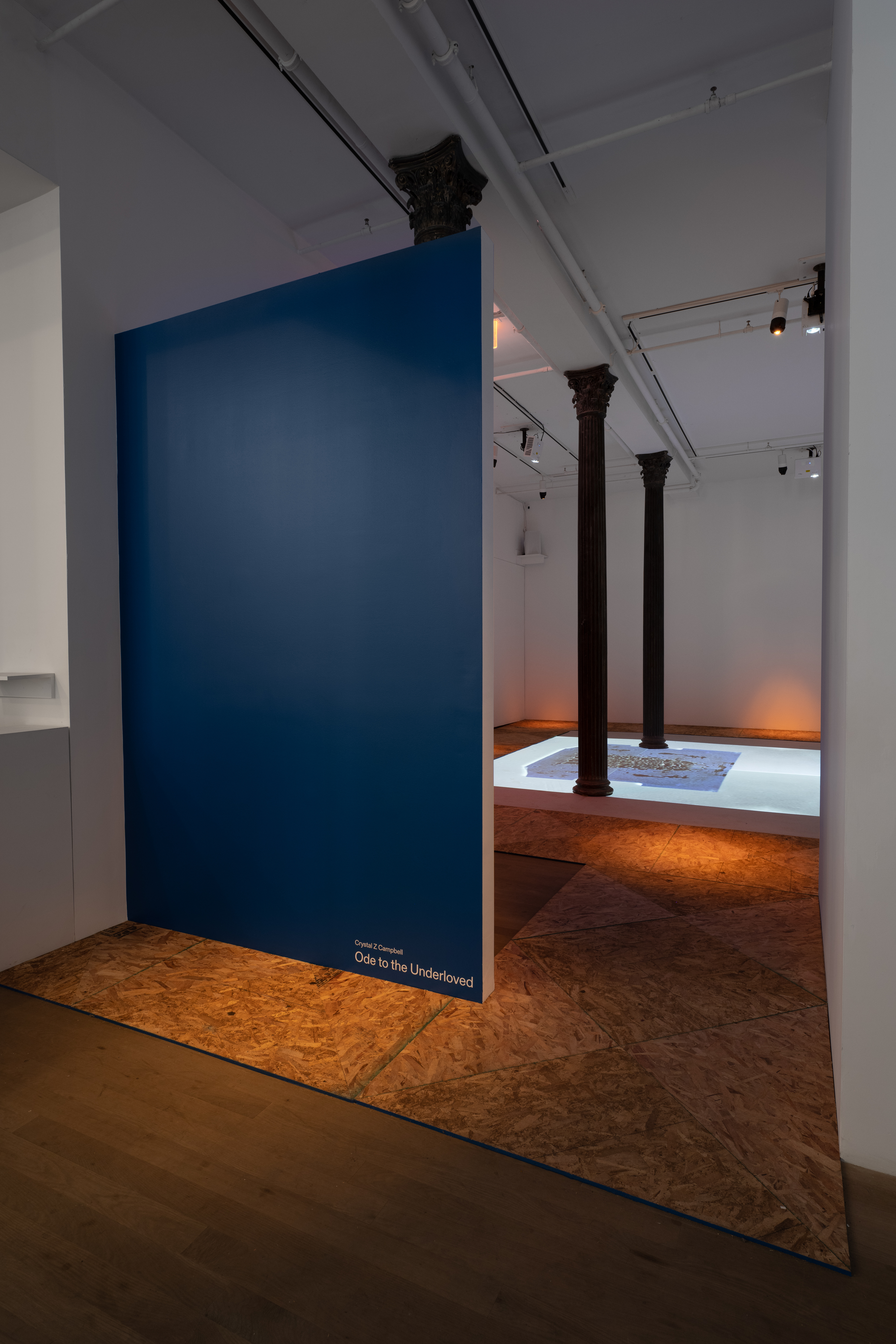 Color image of the entrance into a gallery space. A blue wall juts out to create a small entrance on the righthand side. Along the floor is a walkway made of plywood. In the center of the room is a projected video onto the floor.