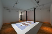 Color image of a video installation in the center of the floor of a gallery space. A walkway made of plywood runs along the edges of the room, around the projection. The projection depicts a negative film image that has been mirrored along the center. Objects are arranged on a blue background to create vaguely recognizable images.