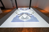 Color image of a video installation in the center of the floor of a gallery space. A walkway made of plywood runs along the edges of the room, around the projection. The projection depicts a negative film image that has been mirrored along the center. Hands reach out and manipulate objects that are placed on a blue background.
